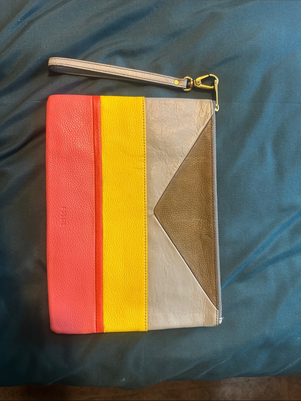 Fossil Leather Colorblock Wristlet Clutch Pouch Pink Yellow Cream Taupe